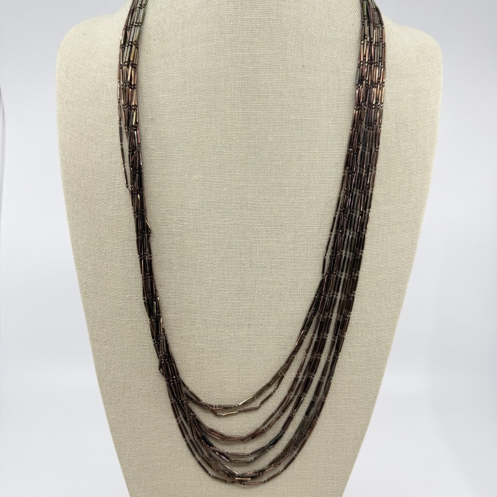 Bronze Tone Bugle Bead Multi Strand Necklace Layered Boho Statement Jewelry